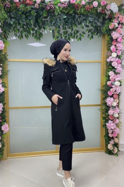 modaperfect fermuarlı kaşe kaban Siyah