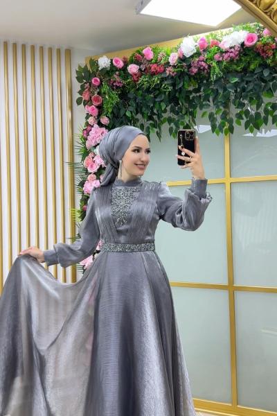 Önü Taşlı Kemerli Nostalji Abiye Gri