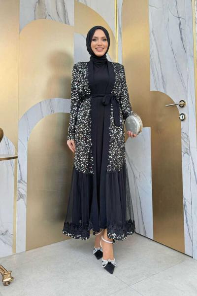 Pullu Payet Abaya Takım  Gri