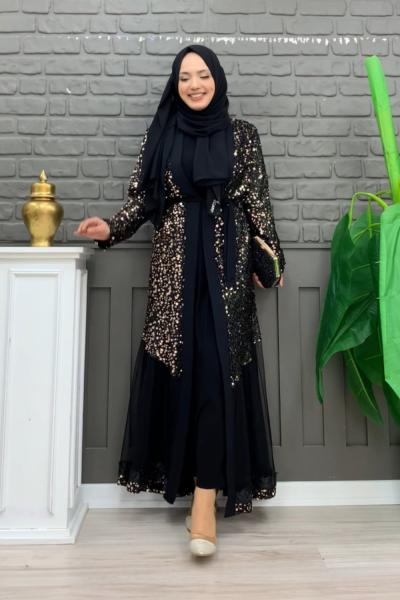 Pullu Payet Abaya Takım  Gold