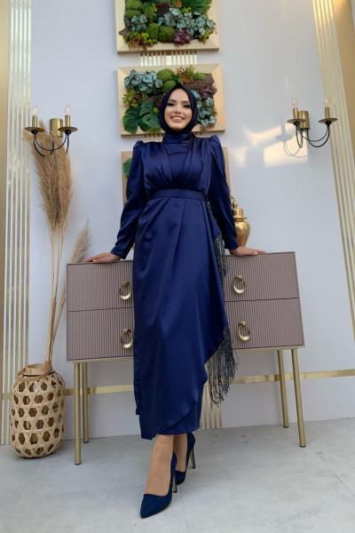 Püsküllü Saten Abiye  Lacivert