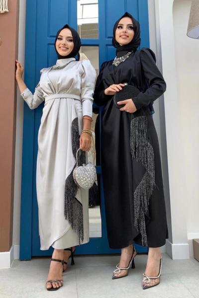 Püsküllü Saten Abiye Gri