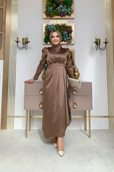 Püsküllü Saten Abiye  Acı Kahve