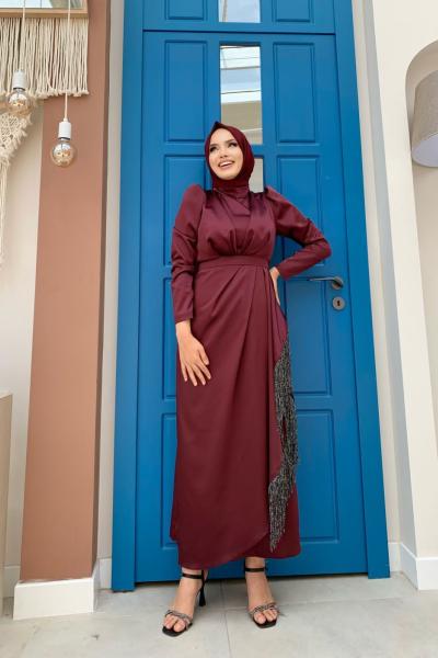 Püsküllü Saten Abiye  Bordo