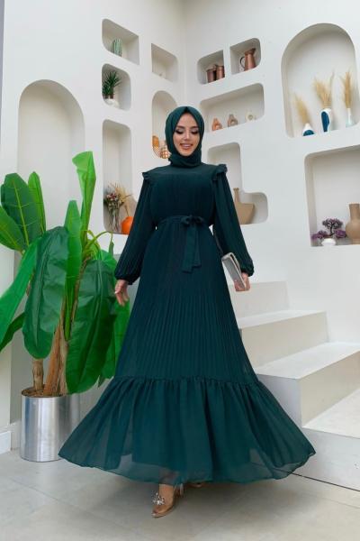 Şifon Astarlı Geniş Kalıp Piliseli  Zümrüt