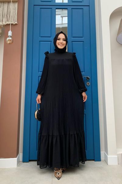 Şifon Astarlı Geniş Kalıp Piliseli  Siyah