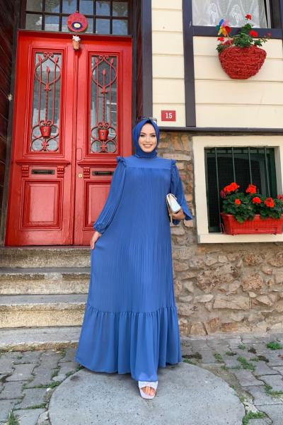 Şifon Astarlı Geniş Kalıp Piliseli  Mavi