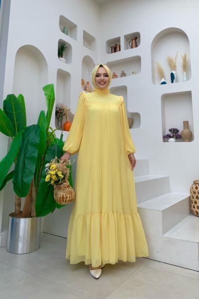 Şifon Astarlı Geniş Kalıp Piliseli  Sarı