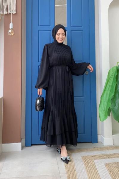 Şifon Fitilli Piliseli Elbise Siyah