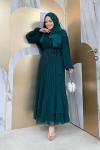 Şifon Fitilli Piliseli Elbise Zümrüt
