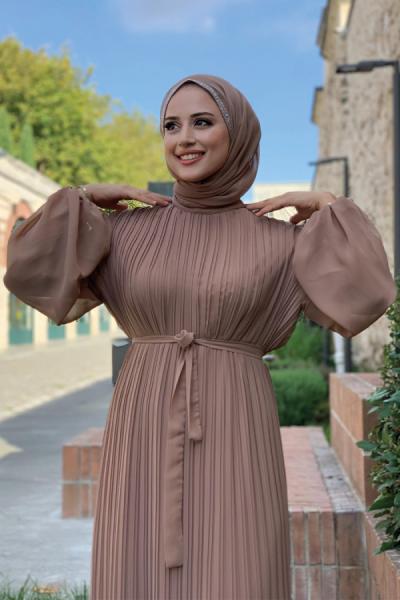 Şifon Fitilli Piliseli Elbise Vizon