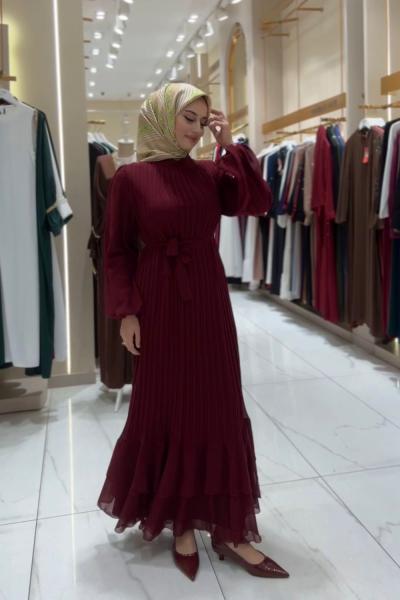 Yeni Şifon Piliseli Elbise Bordo