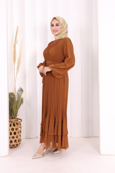 Yeni Şifon Piliseli Elbise Taba