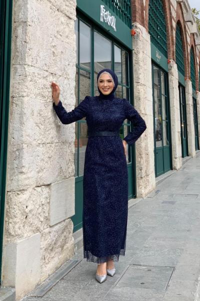 Simli Güpürlü Elbise Lacivert