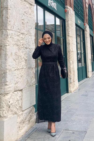 Simli Güpürlü Elbise Siyah