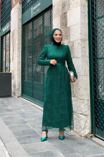 Simli Güpürlü Elbise Zümrüt