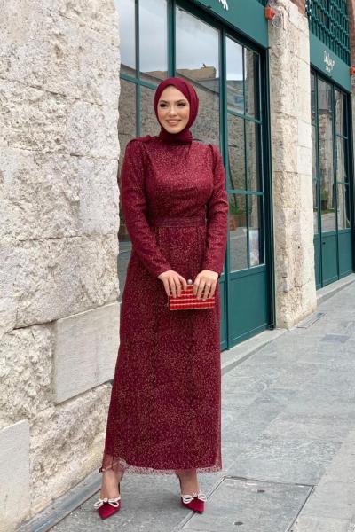 Simli Güpürlü Elbise Bordo