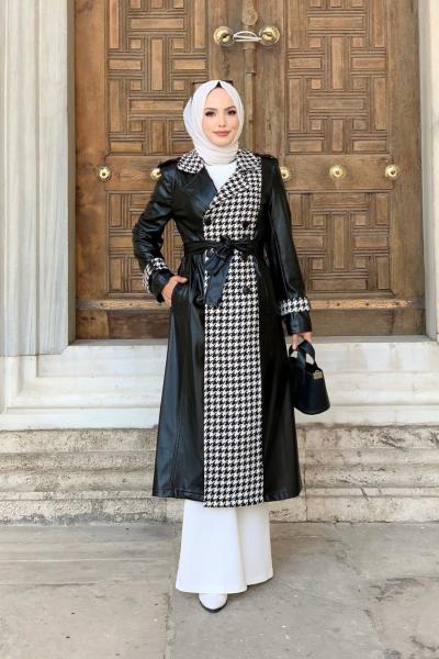 Siyah deri ekose ceket Siyah Beyaz