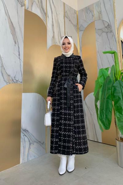 Siyah Deri Detaylı Ekose Ceket Kaban Siyah