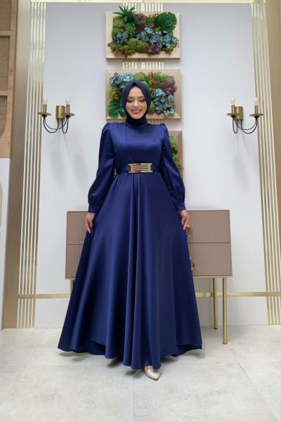 Tek Şeritli Saten Elbise Lacivert