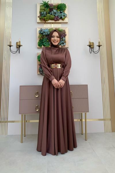 Tek Şeritli Saten Elbise Kahverengi