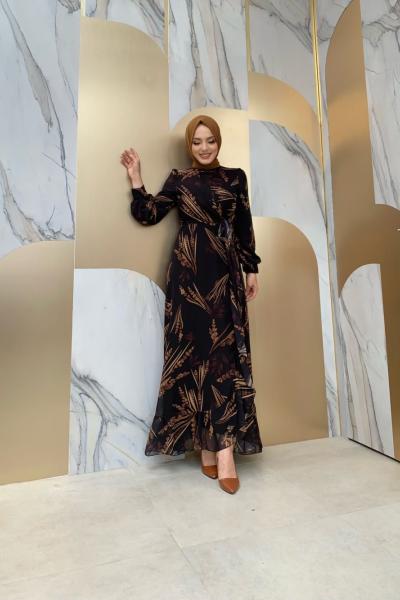 Yaprak Desenli Fırfırlı Şifon Elbise Siyah Taba