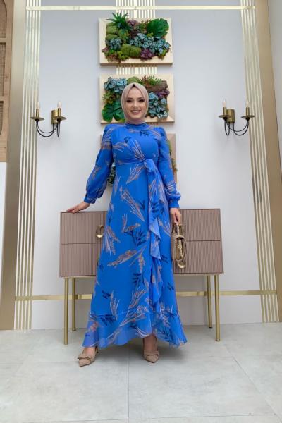 Yaprak Desenli Fırfırlı Şifon Elbise Mavi