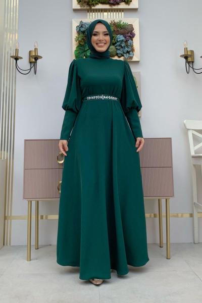 Balon Kol Elbise Zümrüt